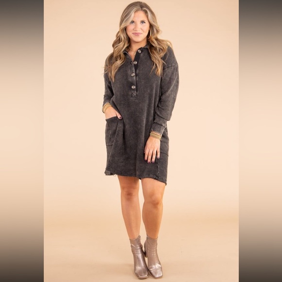 Zenana Vivian Dress w/ Side Pockets - Ash Black - L - Picture 2 of 13